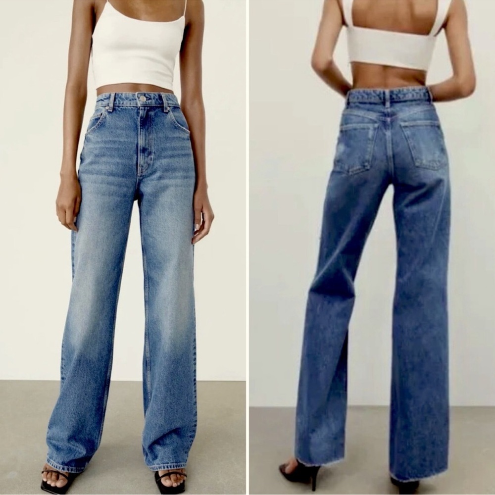 ZARA WIDE LEG FULL LENGTH FADED‎ LIGHT DISTRESSING JEANS SIZE 8